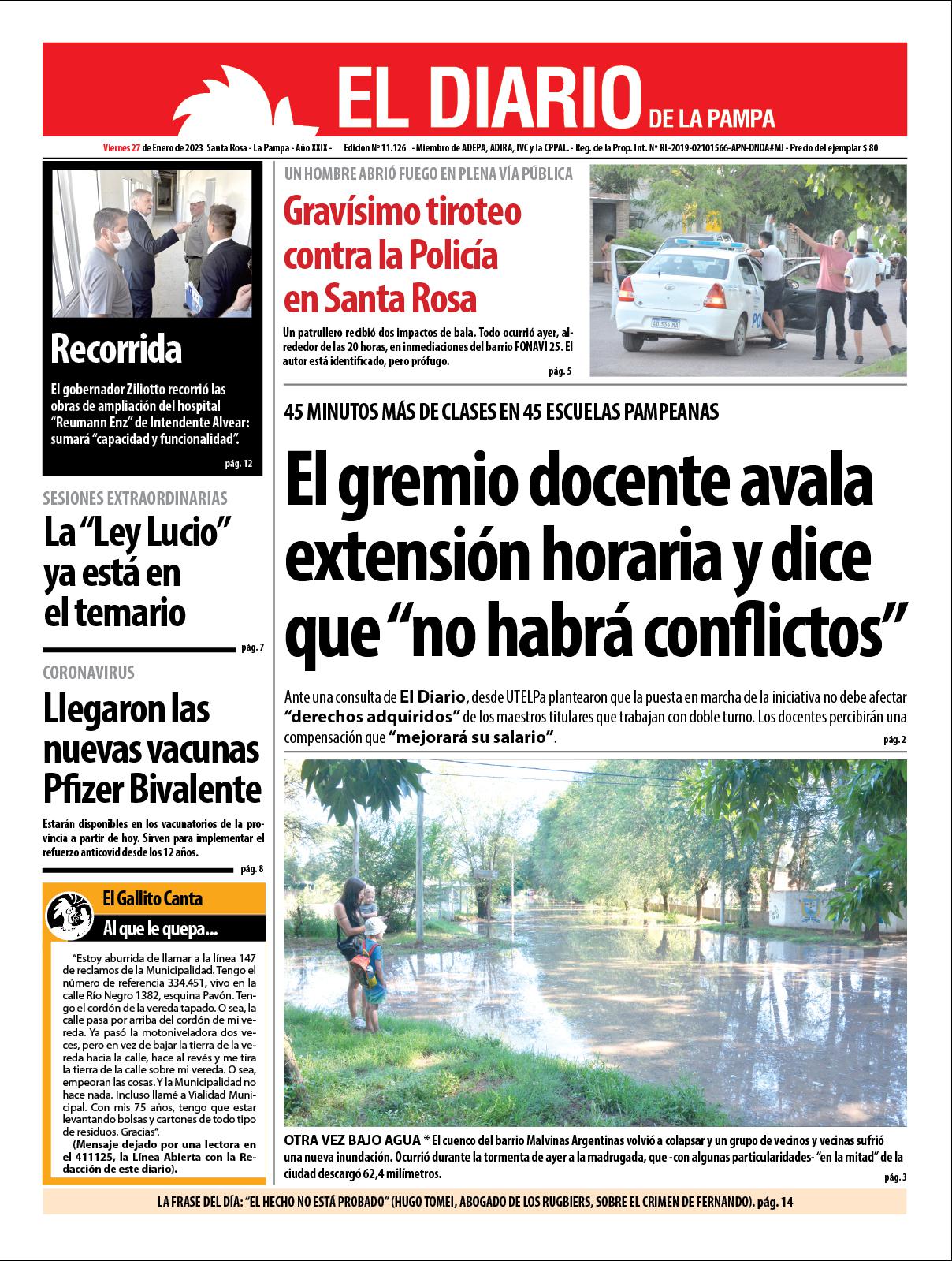 Tapa de El Diario en papel  viernes 27 de enero de 2023